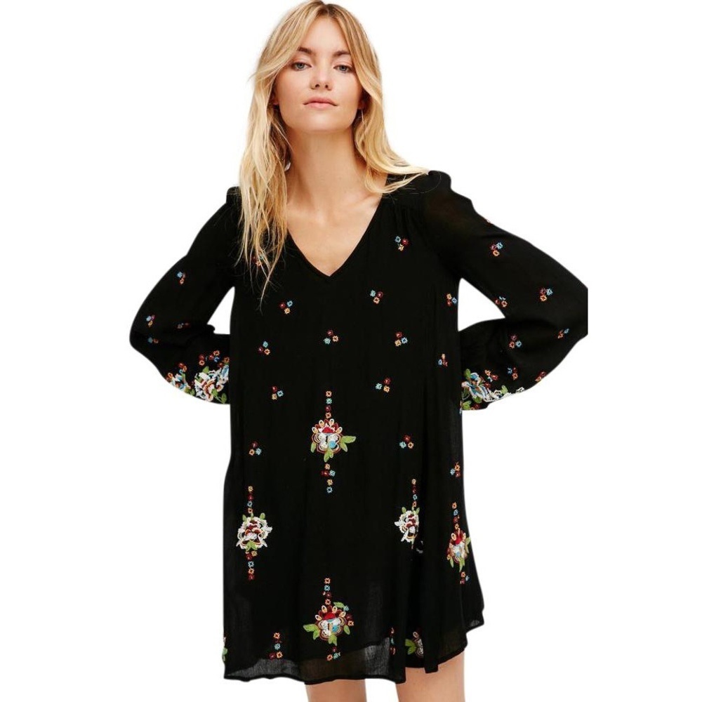 Free People Oxford Embroidered Mini Black Dress Size XSmall
